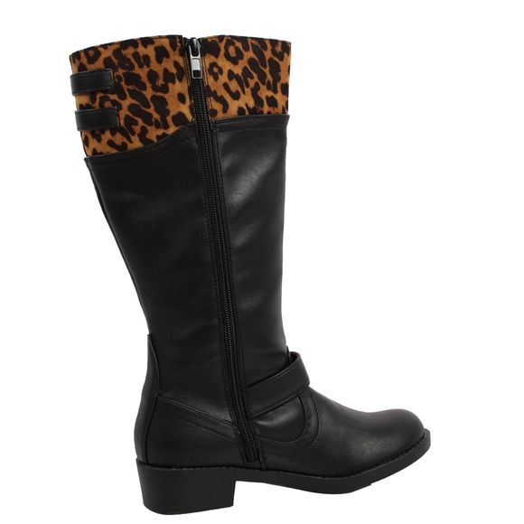 Girls Two Tone Leopard Black Knee High Riding Boot - Picture 3 of 4